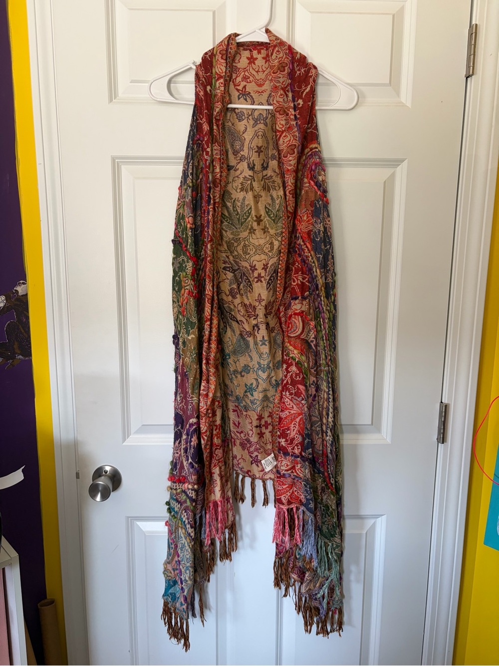Raj Multicolor Paisley Fringe boho duster vest in Red, Green, Blue
